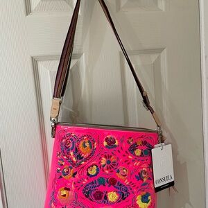 Consuela Embroidered Downtown Crossbody Bright Pink Floral Shoulder Bag